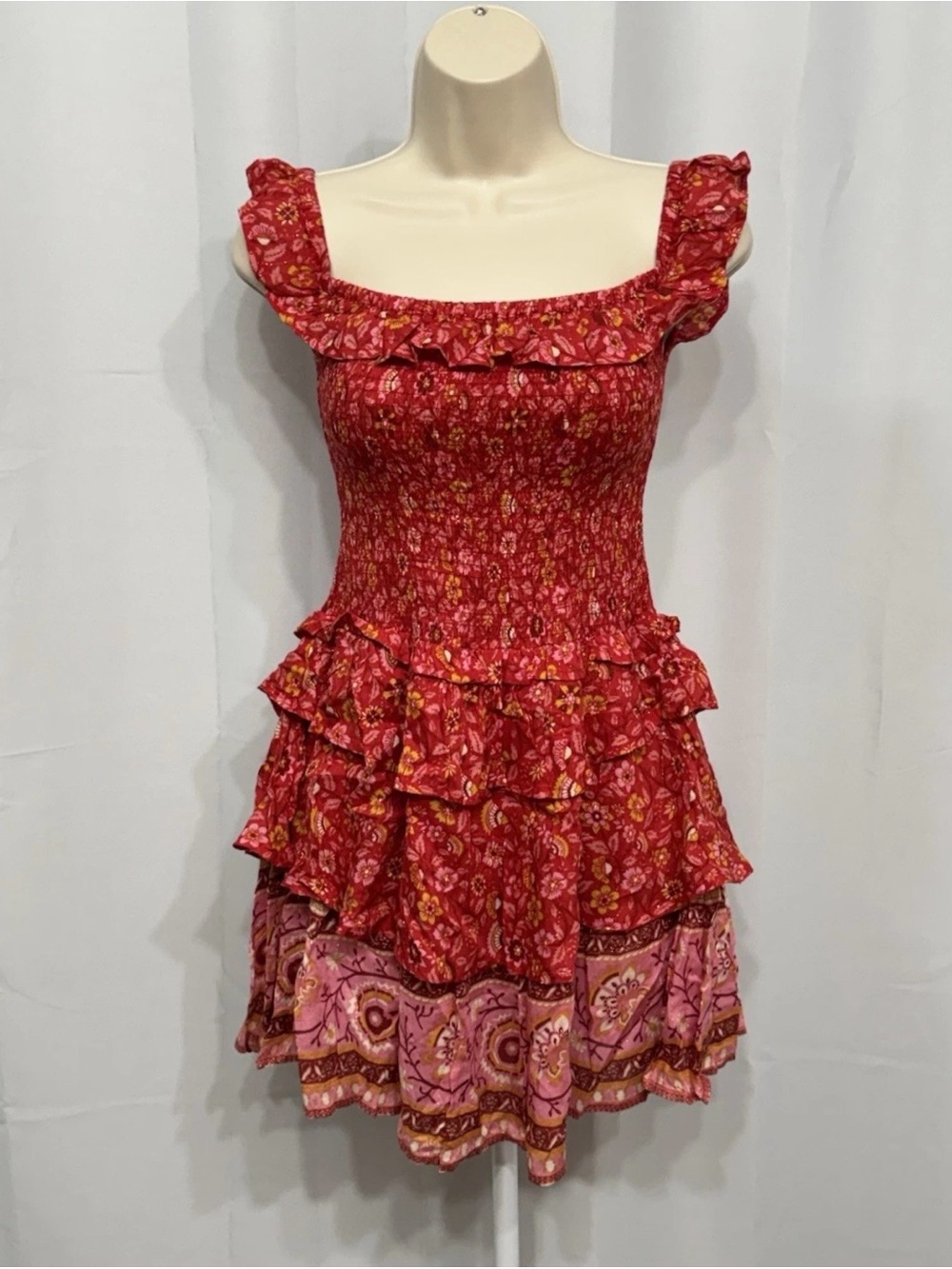 Spell & The Gypsy Women’s Red & Metallic Floral Ruffle Slim Mini Summer Dress S